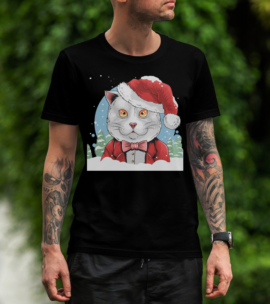 Santa Claus Cat In Winter Wonderland Christmas Scene T-Shirt