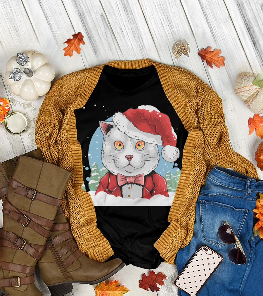 Santa Claus Cat in Winter Wonderland Christmas Scene T-Shirt