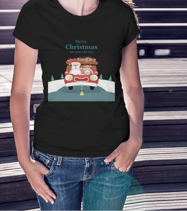 Merry Christmas And Happy New Year Reindeer Drives Car With Santa Claus T-Shirt