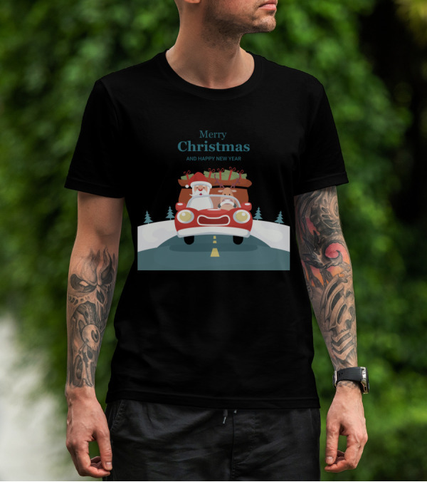 Merry Christmas And Happy New Year Reindeer Drives Car With Santa Claus T-Shirt