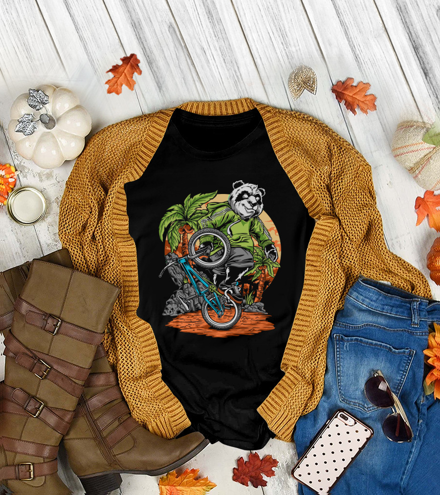 Panda Performs Bicycle Stunt in Tropical Setting T-Shirt