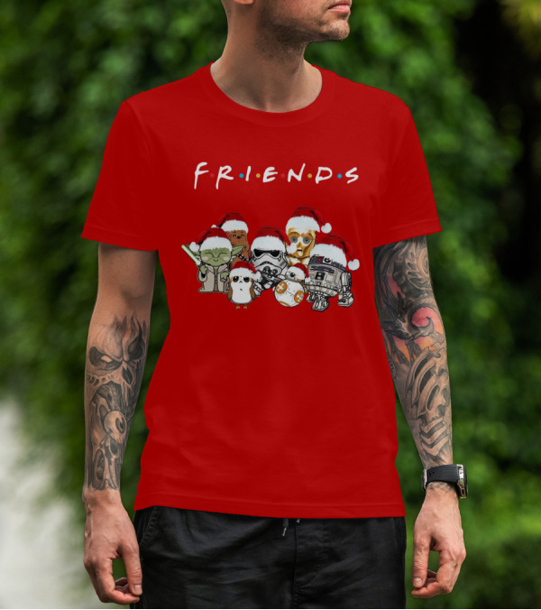 Star Wars Characters Yoda Chewbacca Porgs Stormtrooper R2 D2 C 3PO BB 8 Friends TV Show Christmas Santa Hats T-Shirt