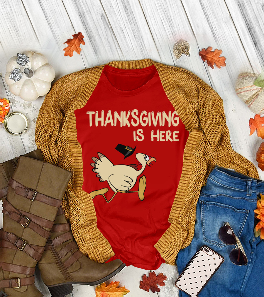 Thanksgiving is Here Turkey with Pilgrim Hat on Red T-Shirt