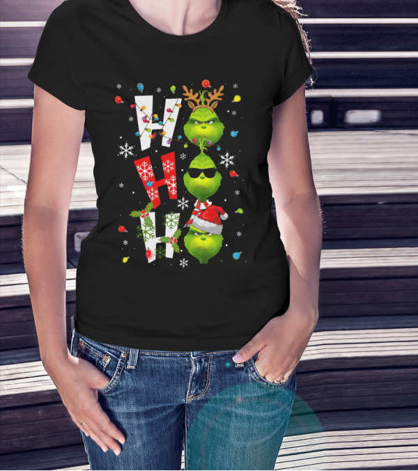 Ho Ho Ho Grinch Christmas Lights Antlers Hat Sunglasses Snowflakes T-Shirt