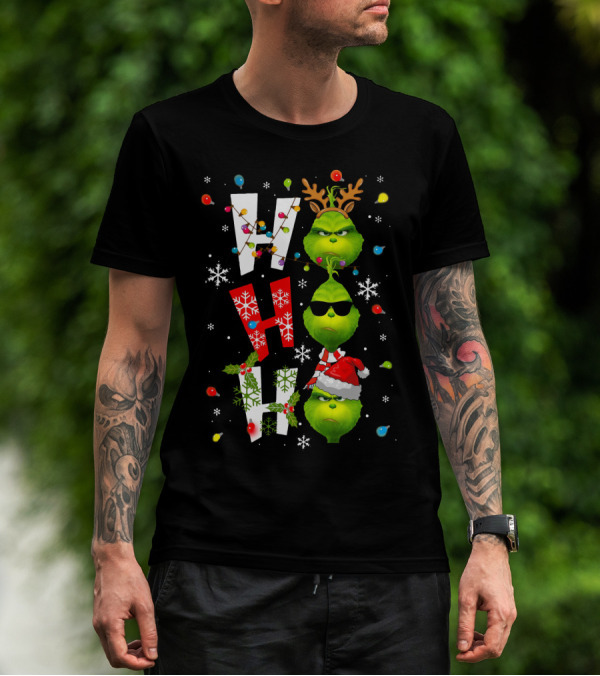 Ho Ho Ho Grinch Christmas Lights Antlers Hat Sunglasses Snowflakes T-Shirt