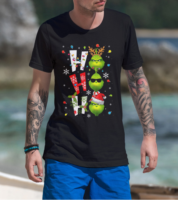 Ho Ho Ho Grinch Christmas Lights Antlers Hat Sunglasses Snowflakes T-Shirt