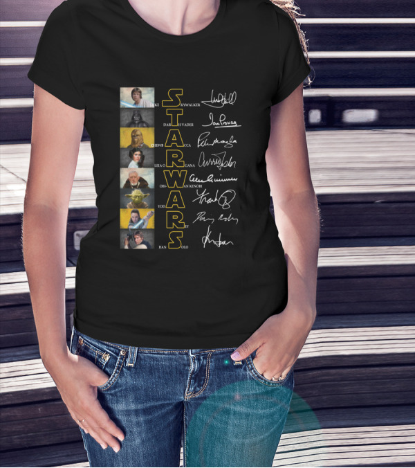 Luke Skywalker Darth Vader Chewbacca Leia Organa Obi-Wan Kenobi Yoda Rey Han Solo Star Wars Signatures T-Shirt