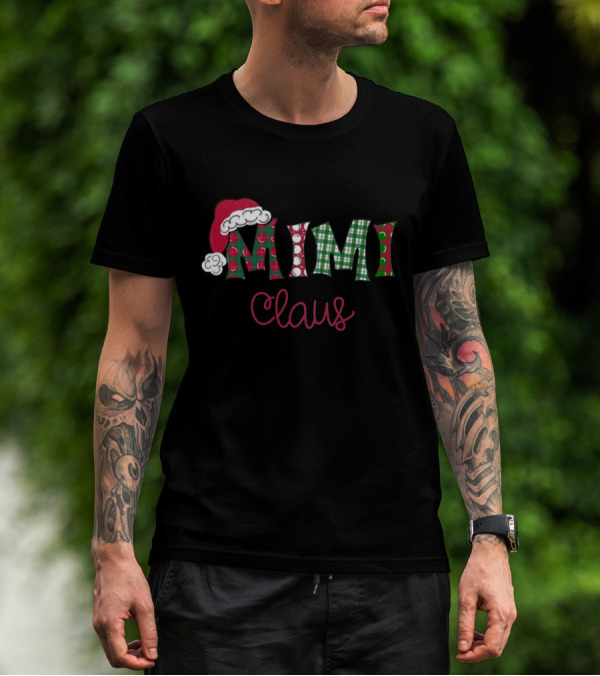 Mimi Claus Christmas Santa Hat Polka Dot Plaid T-Shirt