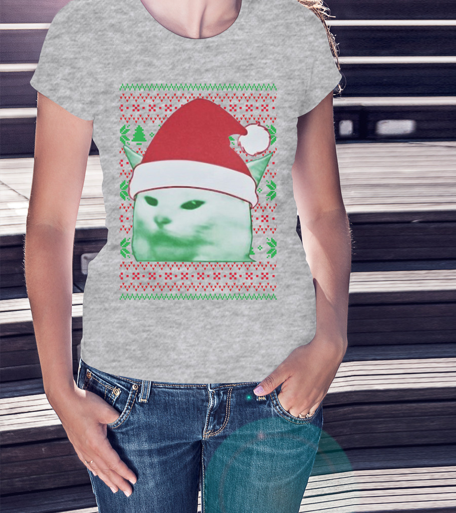 Santa Hat Cat Meme Christmas Pattern Raglan T-Shirt