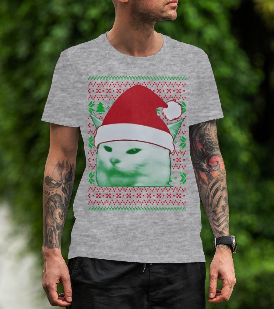 Santa Hat Cat Meme Christmas Pattern Raglan T-Shirt