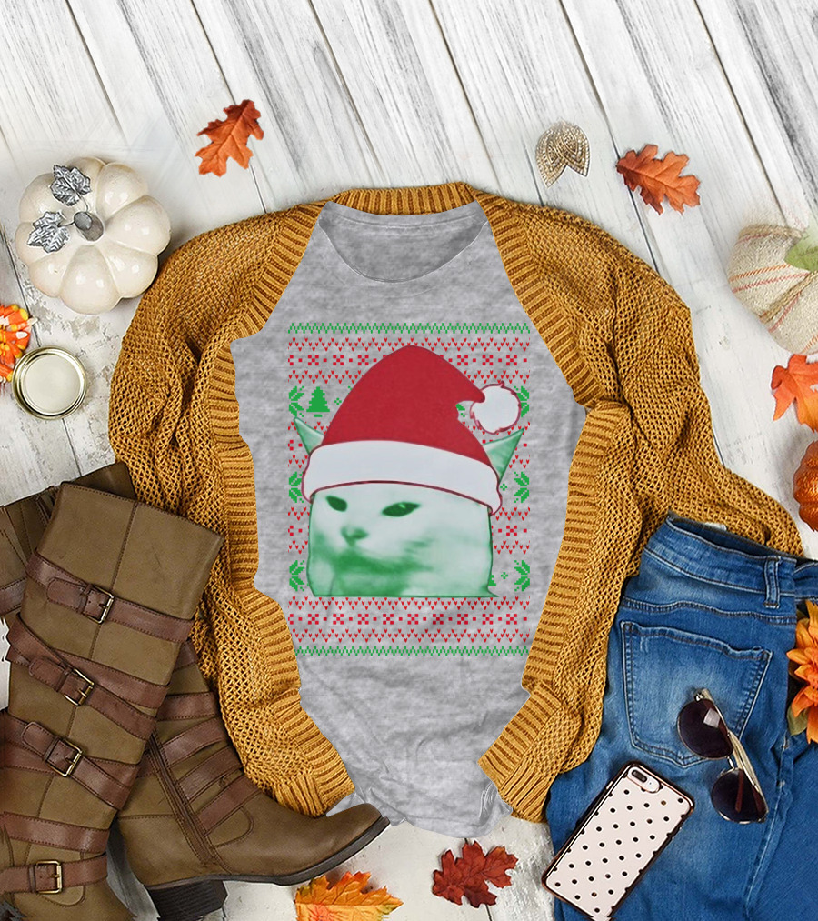 Santa Hat Cat Meme Christmas Pattern Raglan T-Shirt