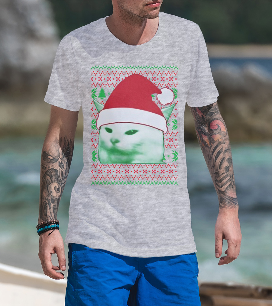 Santa Hat Cat Meme Christmas Pattern Raglan T-Shirt
