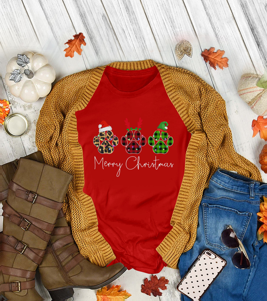 Merry Christmas Plaid Leopard Paw Santa Hat Reindeer Antlers Green Elf Hat T-Shirt