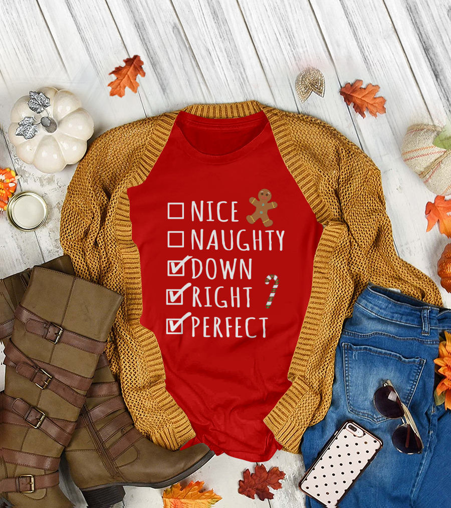 Nice Naughty Down Right Perfect Gingerbread Candy Cane Holiday Checklist T-Shirt