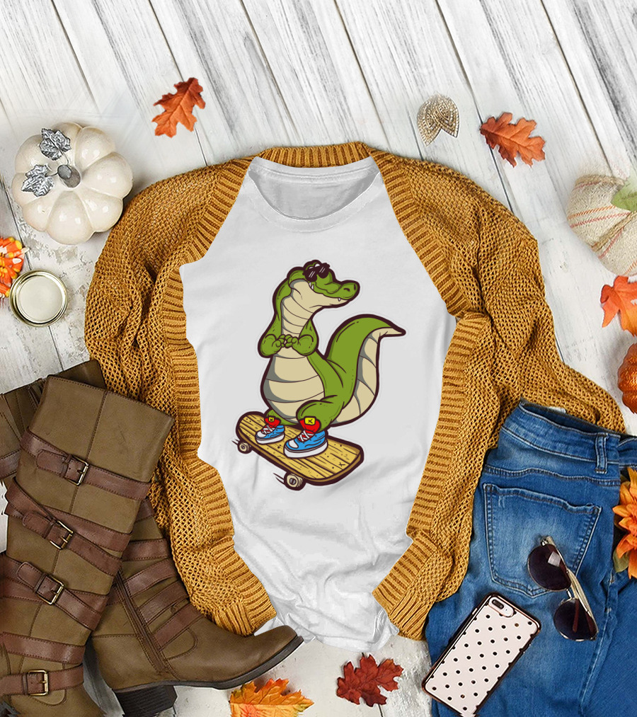 Crocodile Skates on Skateboard with Sneakers and Sunglasses T-Shirt