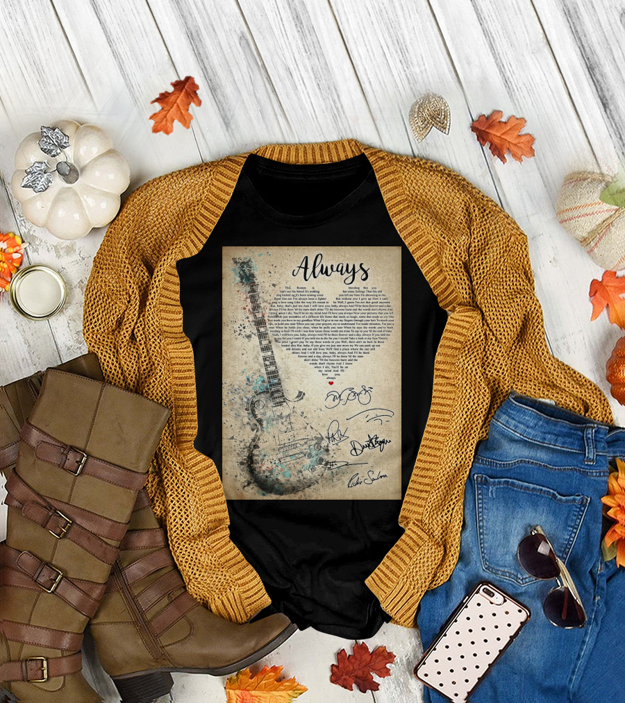 Always Bon Jovi Song Lyrics Guitar Art with Band Signatures T-Shirt