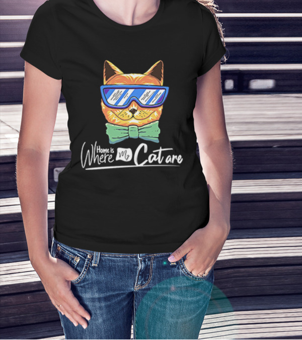 Home Is Where My Cat Are Cool Cat With Glasses And Bowtie T-Shirt