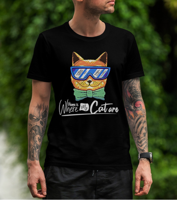Home Is Where My Cat Are Cool Cat With Glasses And Bowtie T-Shirt