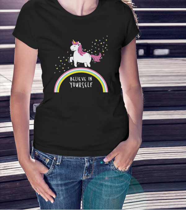 Believe In Yourself Cute Unicorn Rainbow Hearts T-Shirt