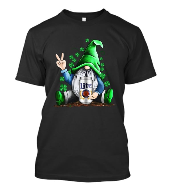 Miller Lite Irish Gnome Peace Sign Shamrocks St Patrick's Day T-Shirt