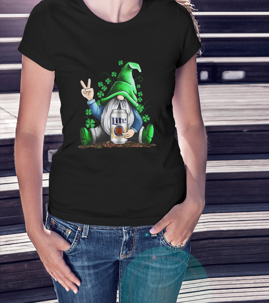 Miller Lite Irish Gnome Peace Sign Shamrocks St Patrick's Day T-Shirt