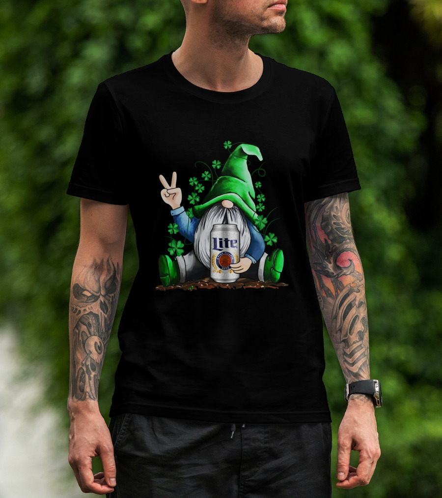 Miller Lite Irish Gnome Peace Sign Shamrocks St Patrick's Day T-Shirt