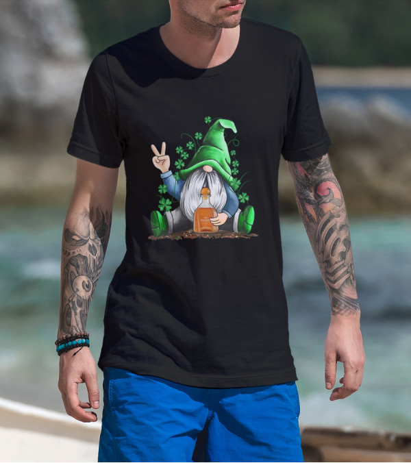 Patron Bottle Hug By Irish Gnome With Shamrocks For St Patrick's Day T-Shirt