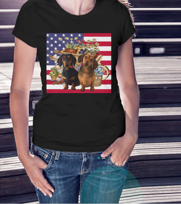 Daschund Flower Garden American Flag Backdrop Face Mask T-Shirt