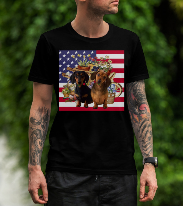 Daschund Flower Garden American Flag Backdrop Face Mask T-Shirt