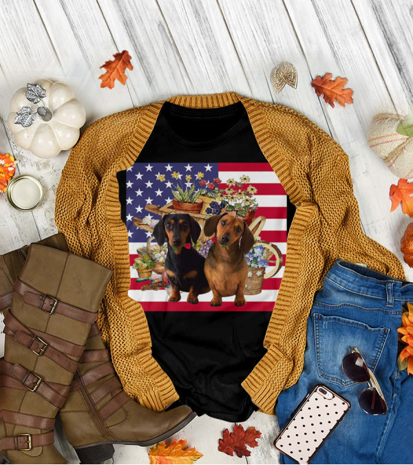 Daschund Flower Garden American Flag Backdrop Face Mask T-Shirt