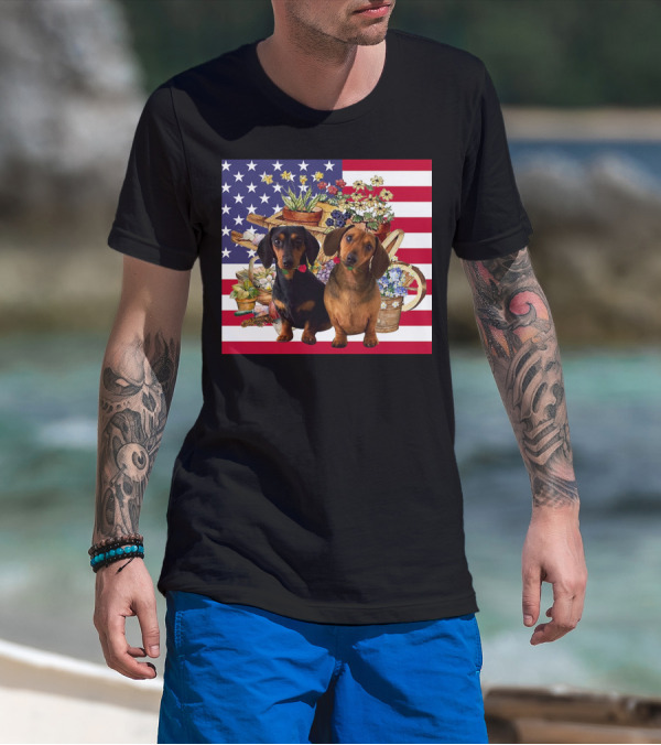 Daschund Flower Garden American Flag Backdrop Face Mask T-Shirt
