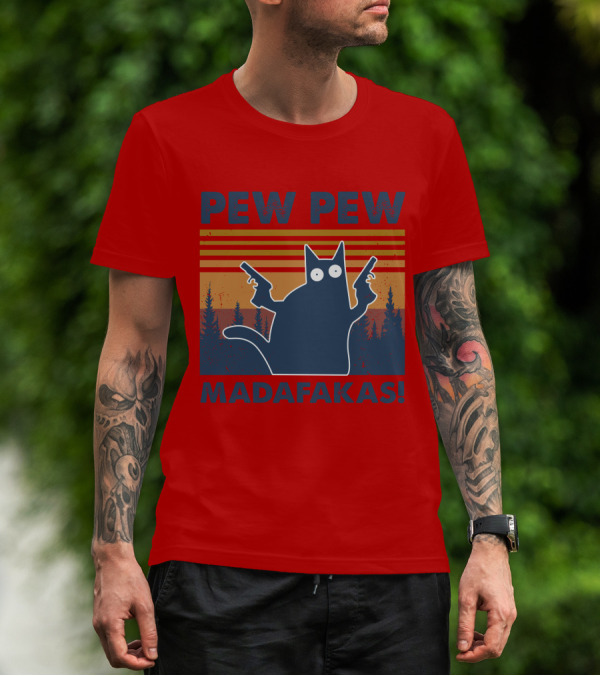 Vintage Cat Pew Pew Madafakas Retro Sunset Forest Dual Pistols T-Shirt