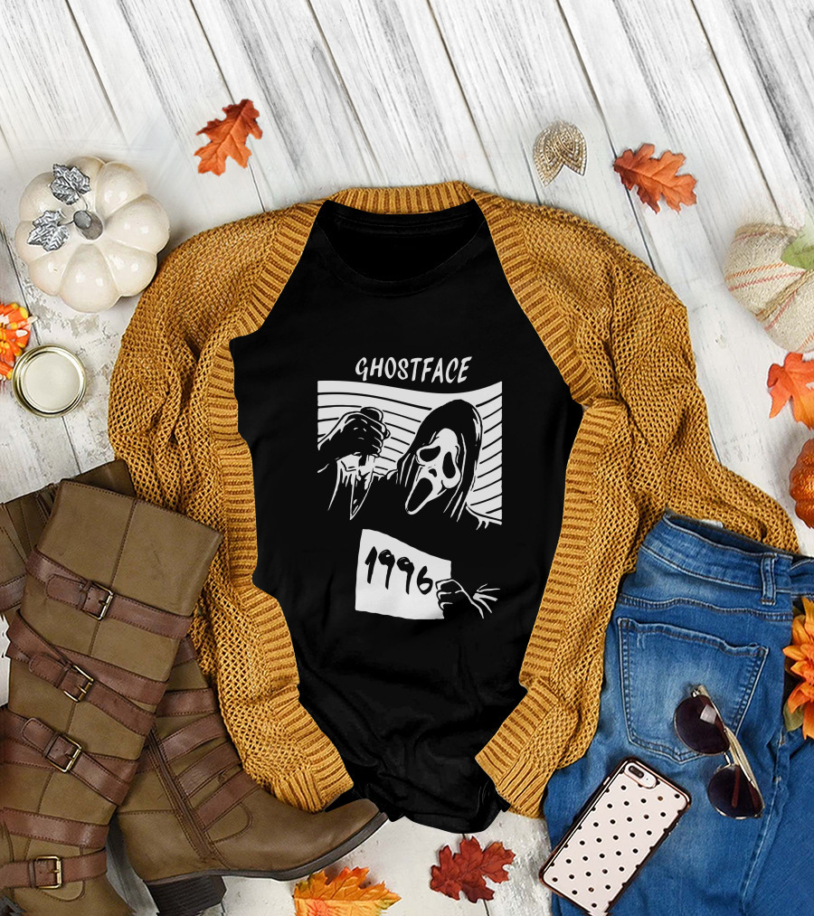 Ghostface 1996 Classic Movie Icon with Knife and Hooded Mask T-Shirt