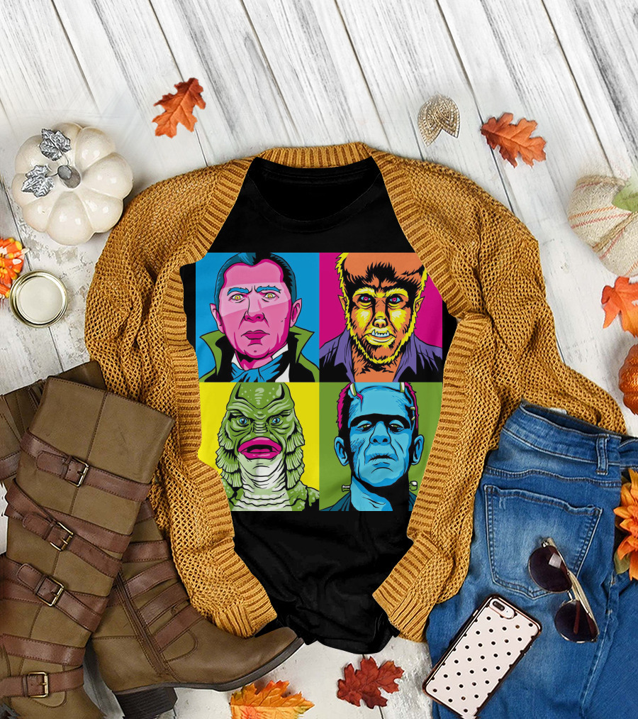 Dracula Frankenstein Wolfman Creature Horror Pop Art Icons T-Shirt