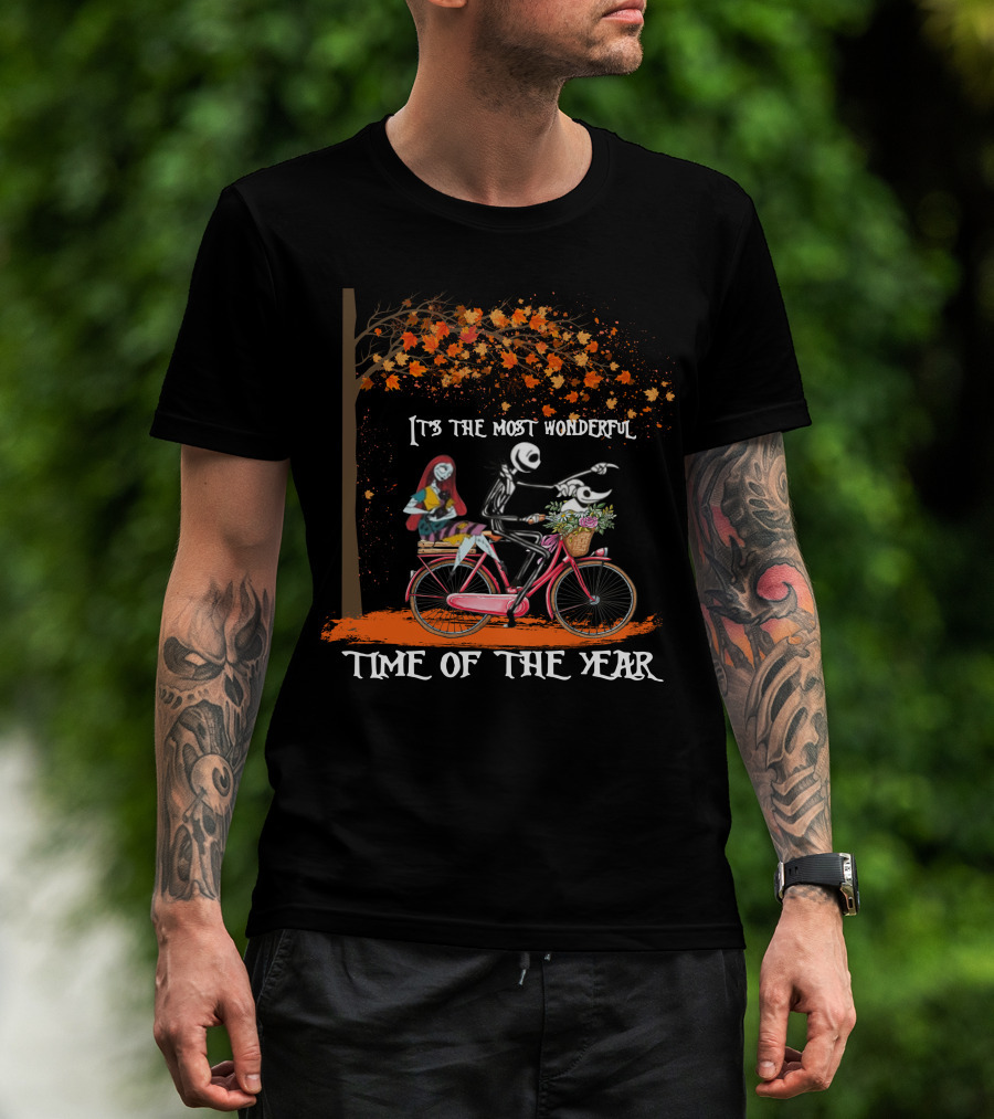 Jack Skellington And Sally On Bicycle Under Autumn Tree It's The Most Wonderful Time Of The Year T-Shirt