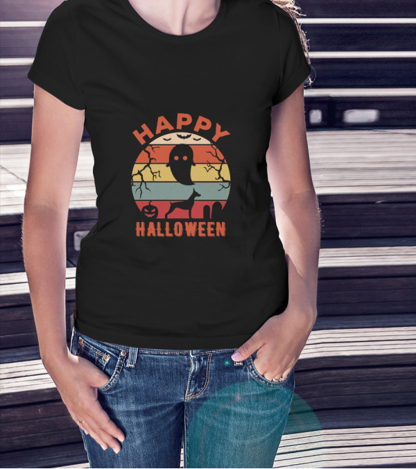 Happy Halloween Ghost Doberman Pumpkin Stripes T-Shirt