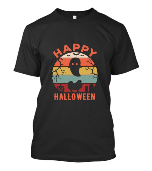 Happy Halloween Pomeranian Ghost And Bats Retro Stripe Moon T-Shirt