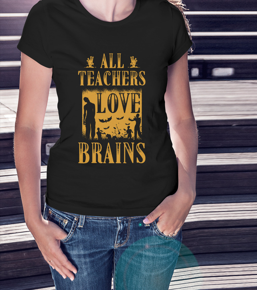 All Teachers Love Brains Zombie Silhouette Bats And Graveyard T-Shirt
