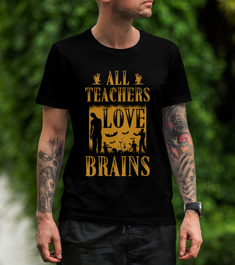 All Teachers Love Brains Zombie Silhouette Bats And Graveyard T-Shirt