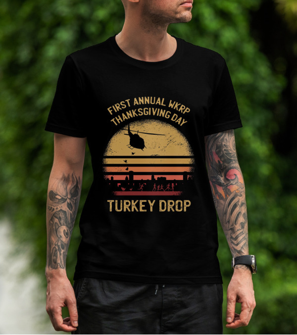 First Annual WKRP Thanksgiving Day Turkey Drop Helicopter Silhouette Vintage Sunset Scene T-Shirt