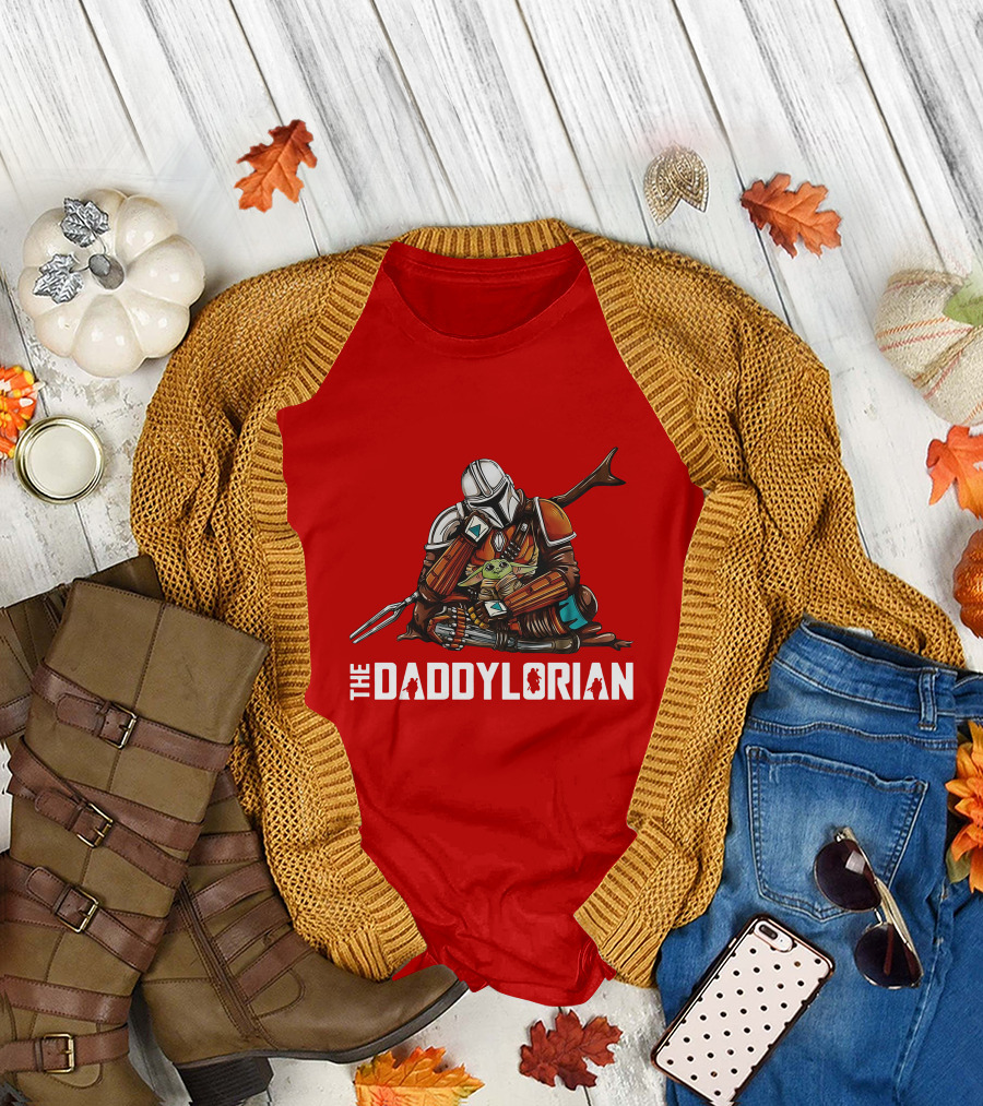 The Daddy Lorian Star Wars Mandalorian with Baby Yoda Grogu Hugging T-Shirt