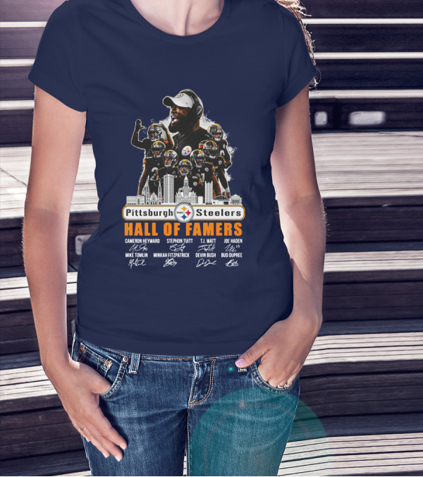 Pittsburgh Steelers Hall Of Famers Mike Tomlin Cameron Heyward Stephon Tuitt T.J. Watt Joe Haden Minkah Fitzpatrick Devin Bush Bud Dupree Signatures T-Shirt