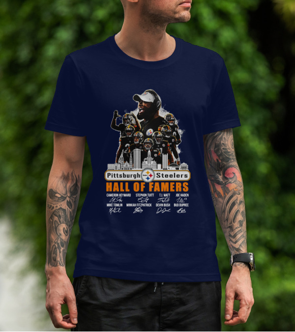 Pittsburgh Steelers Hall Of Famers Mike Tomlin Cameron Heyward Stephon Tuitt T.J. Watt Joe Haden Minkah Fitzpatrick Devin Bush Bud Dupree Signatures T-Shirt
