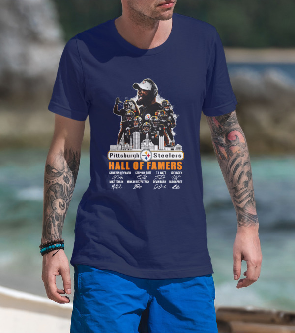 Pittsburgh Steelers Hall Of Famers Mike Tomlin Cameron Heyward Stephon Tuitt T.J. Watt Joe Haden Minkah Fitzpatrick Devin Bush Bud Dupree Signatures T-Shirt