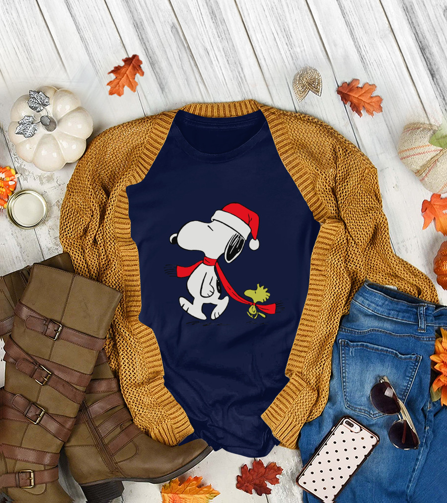 Snoopy Santa Hat and Woodstock Christmas Peanuts Scarf T-Shirt