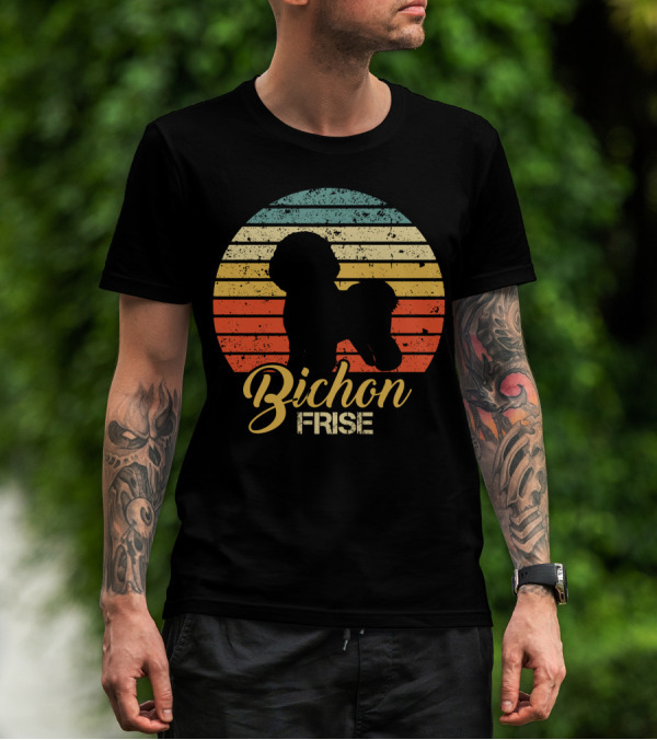 Retro Sunset Silhouette Bichon Frise Stripes T-Shirt