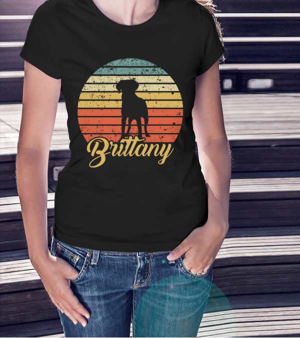 Brittany Spaniel Silhouette Retro Sunset Stripes T-Shirt