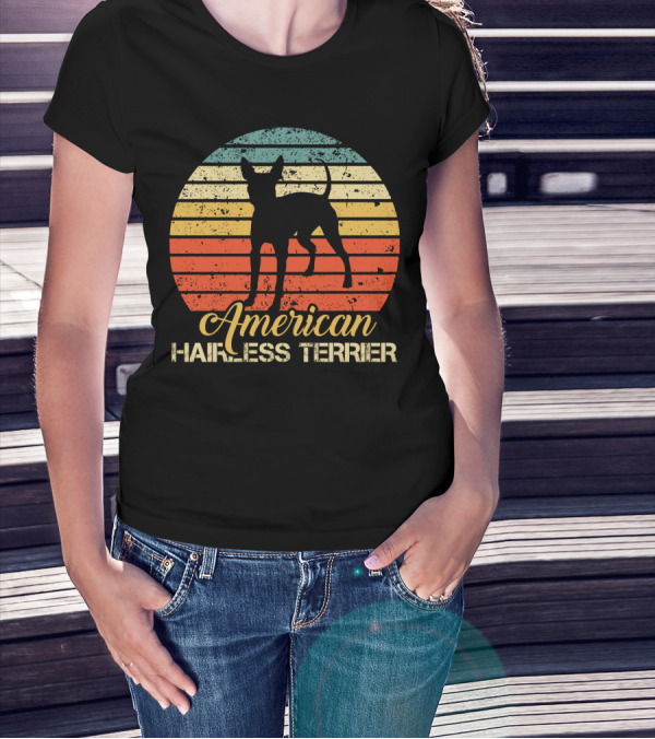 Retro Vintage American Hairless Terrier With Striped Sunset Background T-Shirt