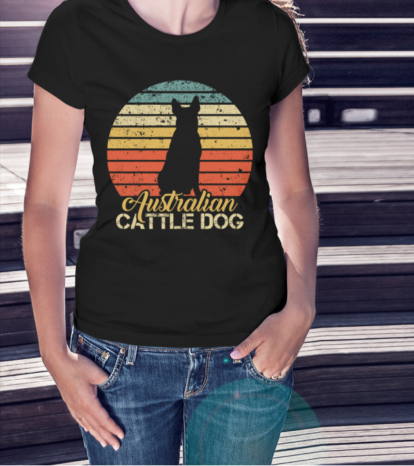 Retro Australian Cattle Dog Silhouette With Vintage Striped Sunset T-Shirt