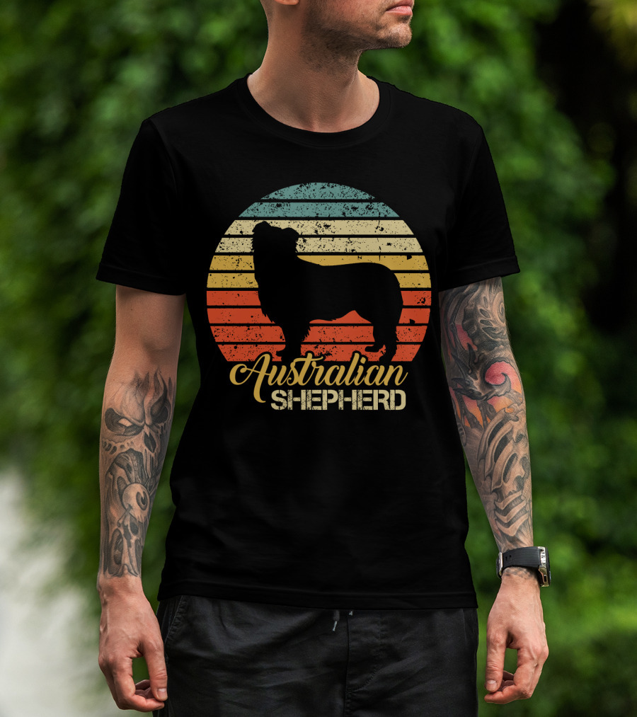 Retro Striped Silhouette Vintage Australian Shepherd T-Shirt